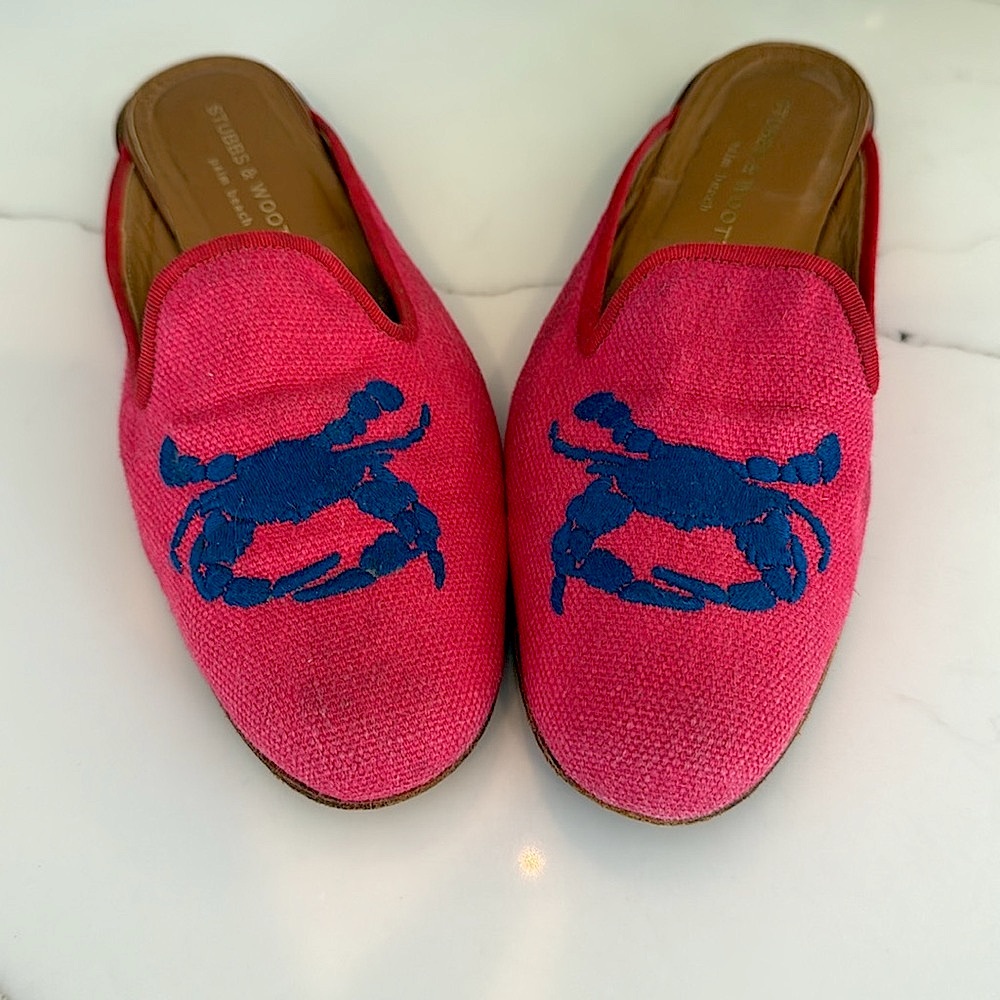 Stubbs & Wootton pink Slipper mules with blue needlepoint Crab Motif Size 9 - Picture 5 of 9